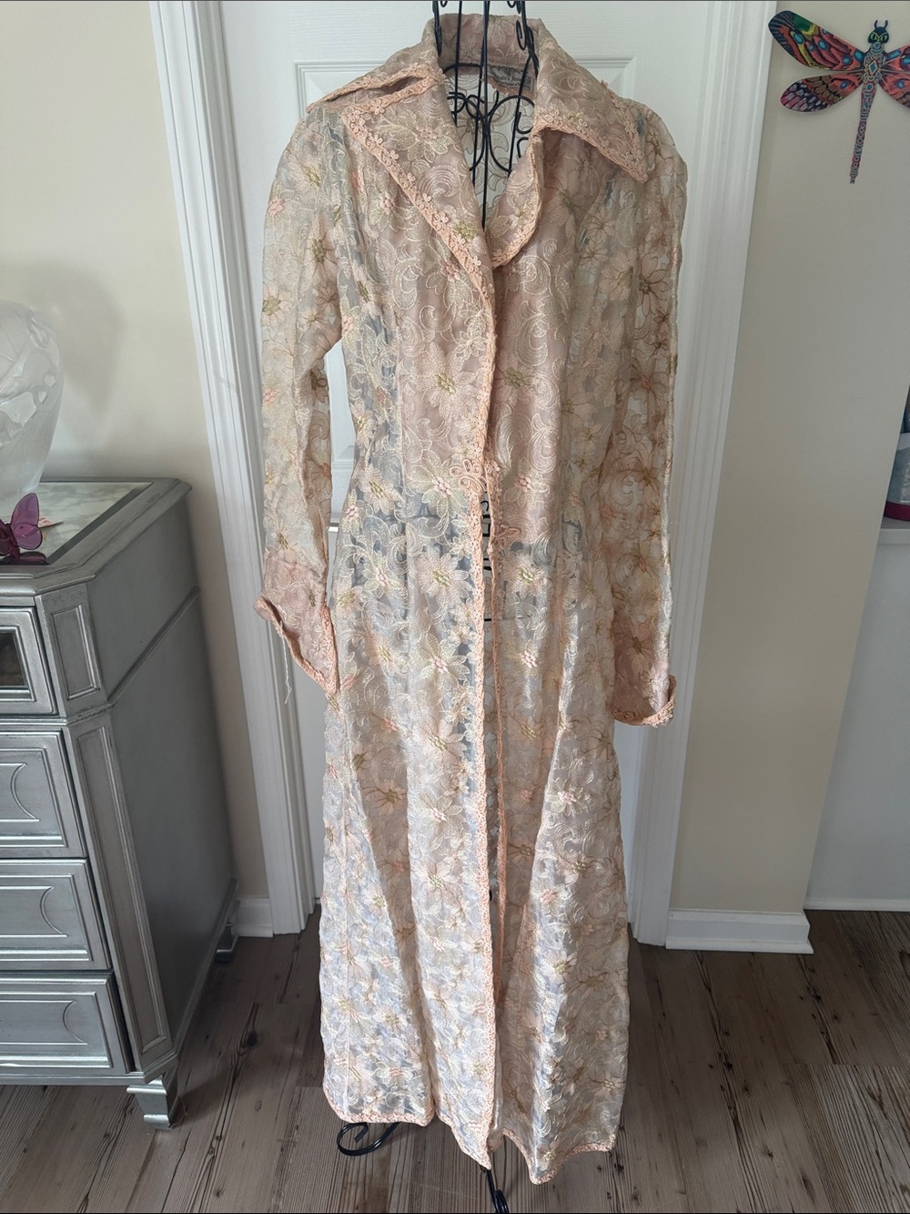 Sheer Floral-Embroidered Long Pea Coat - Peach